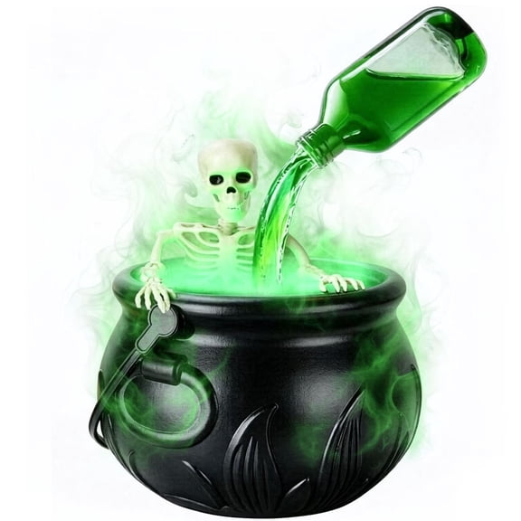 Halloween Decorations Indoor, 7.8in Large Cauldron Halloween Decor with Magic Floating Potion Bottles Fog Diffuser Spooky Skeletons, Spooky Vintage Black Witches Plastic Bowl for Home Table Mantel Pa