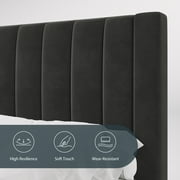 Einfach King Size Platform Bed Frame with Upholstered Velvet Vertical Headboard, Black