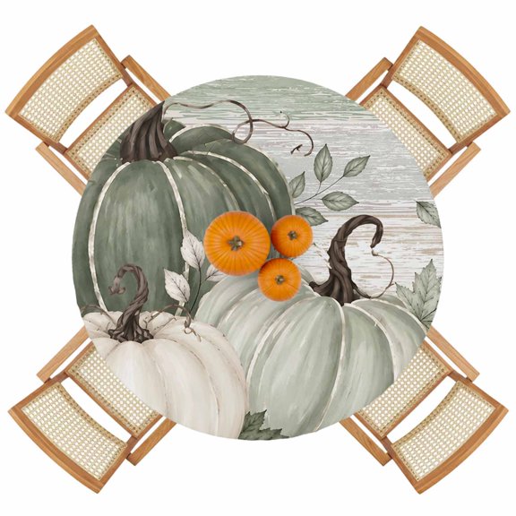 Fall Thanksgiving Pumpkin Leaves Green Round Fitted Tablecloth with Elastic Edge,Waterproof Table Cloth Fits 36"-44" Tables,Wipeable Table Cover for Indoor Outdoor Dinning Party,Retro Wood Grain