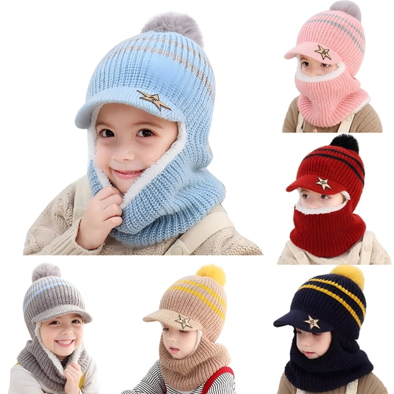 TELOLY Children's Balaclava Hat with Scarf 2 in 1 Children Soft Warm Knit Warm Beanie Hat for Cold Weather Kids Beanie Balaclava Kids Beanie Hat