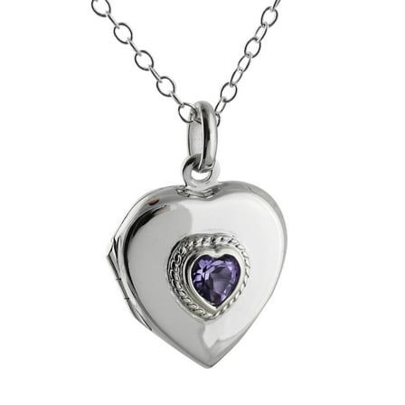 Sterling Silver Heart Locket Necklace with Amethyst Purple Cubic Zirconia, 18" Chain