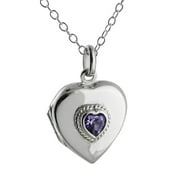 FASHIONJUNKIE4LIFE Sterling Silver Heart Locket Necklace with Amethyst Purple Cubic Zirconia, 18" Chain