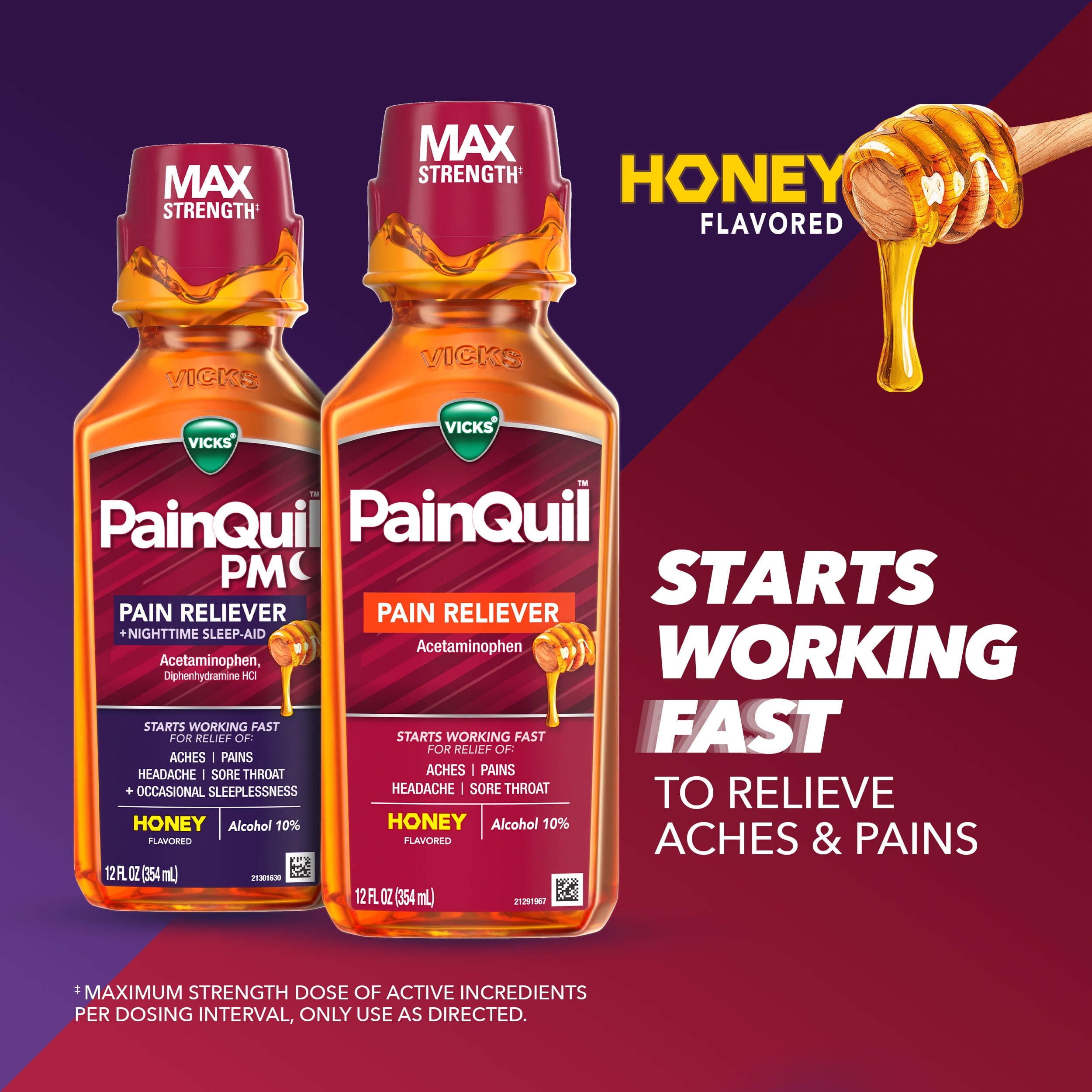 Vicks PainQuil Pain Relief and Nighttime Sleep Aid Liquids, Acetaminophen 1000mg, Honey, 2x12oz