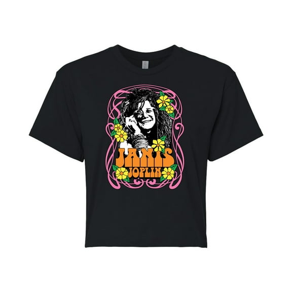 Janis Joplin - Flowers - Juniors Cropped Cotton Blend T-Shirt