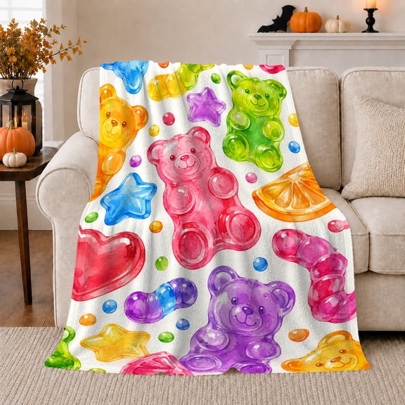 Whimsical Gummy Bear decorative motif Pattern, Playful Woodland Scene, Warm Flannel Blanket for Cabin and Lodge, Wildlife Lovers Valentine's Day Gift, Celestial Home Decor