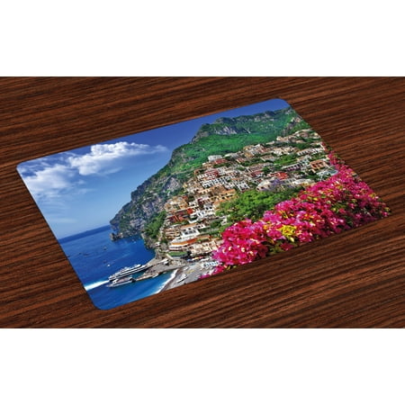 Italy Placemats Set of 4 Scenic View of Positano Amalfi Naples Blooming Flowers Coastal Village Image, Washable Fabric Place Mats for Dining Room Kitchen Table Decor,Pink Green Blue, by (Best Scenic Places In Italy)