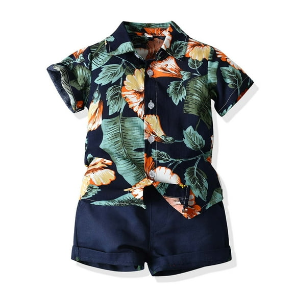 Nrmvnmi Fashion Boys Casual Beach Cotton Outfits Hawaiian Print Button Down Shirt   Elastic Waist Swim Trunks 2 Piece Sets