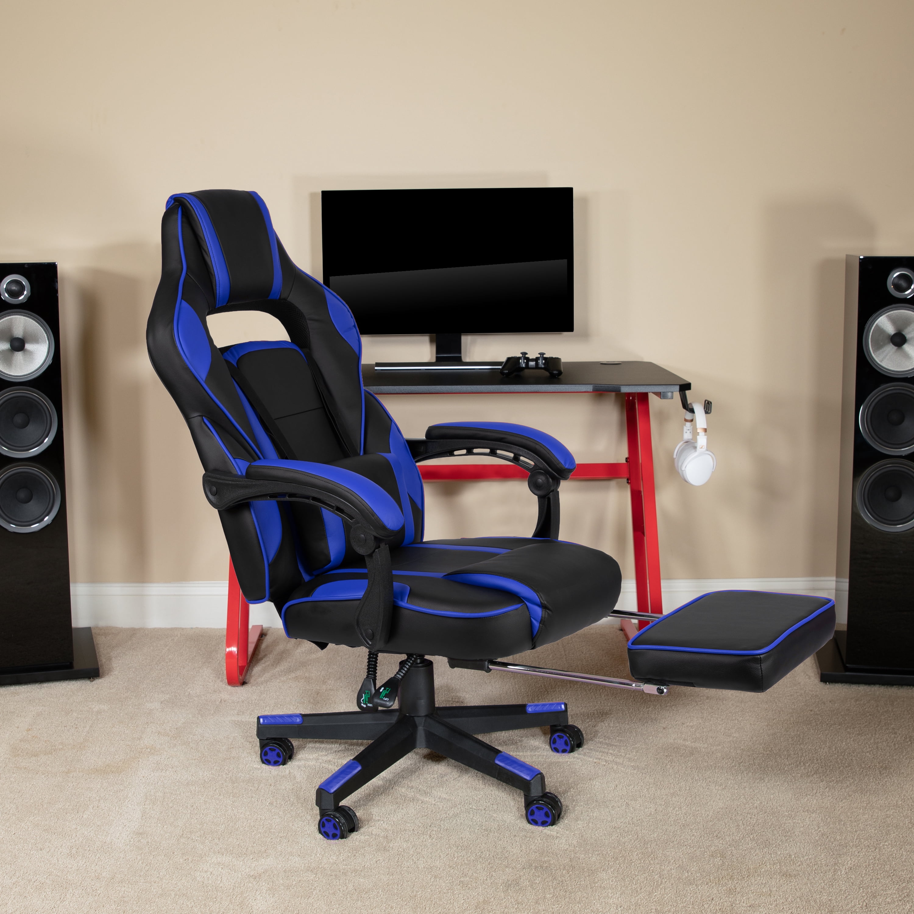 Emma + Oliver Black/Blue Ergonomic Gaming Chair -Recline Back/Arms, Footrest, Massaging Lumbar
