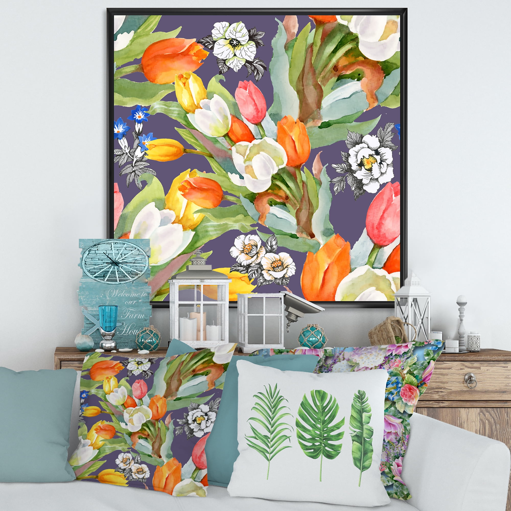 Designart 'Blooming Orange and White Tulips III' Traditional Framed Canvas Wall Art Print