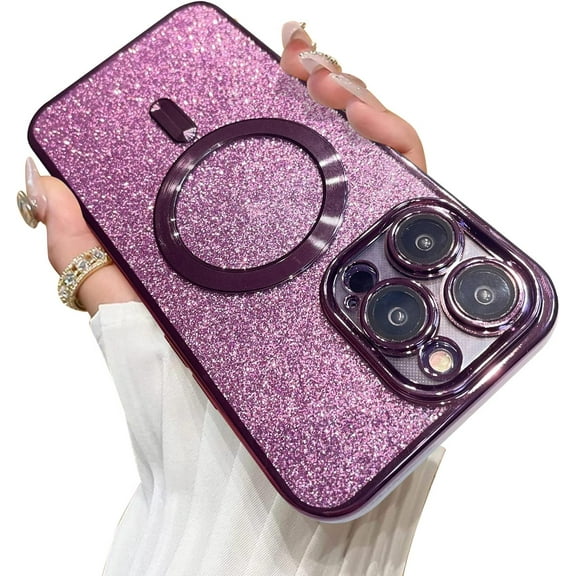 Magnetic iPhone 13 Pro Max Phone Case with Full Camera Lens Protector [Compatible with Magsafe][N52 Magnets] Luxury Plating Cute Bling Clear 13 Pro Max Case for Women Men Girls, Purple