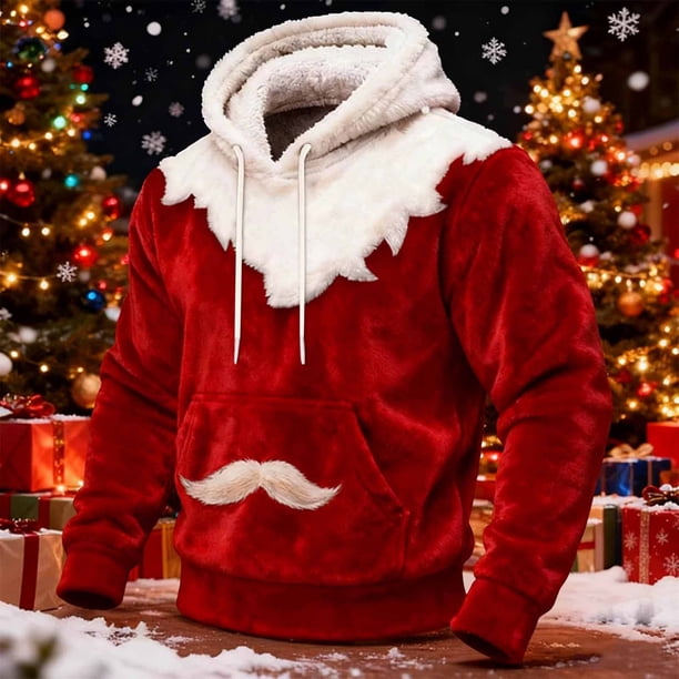 Ceisia Cozy Fleece-Lined Mens Loose Fit Santa Style Color Block Hooded Sweatshirt Gifts