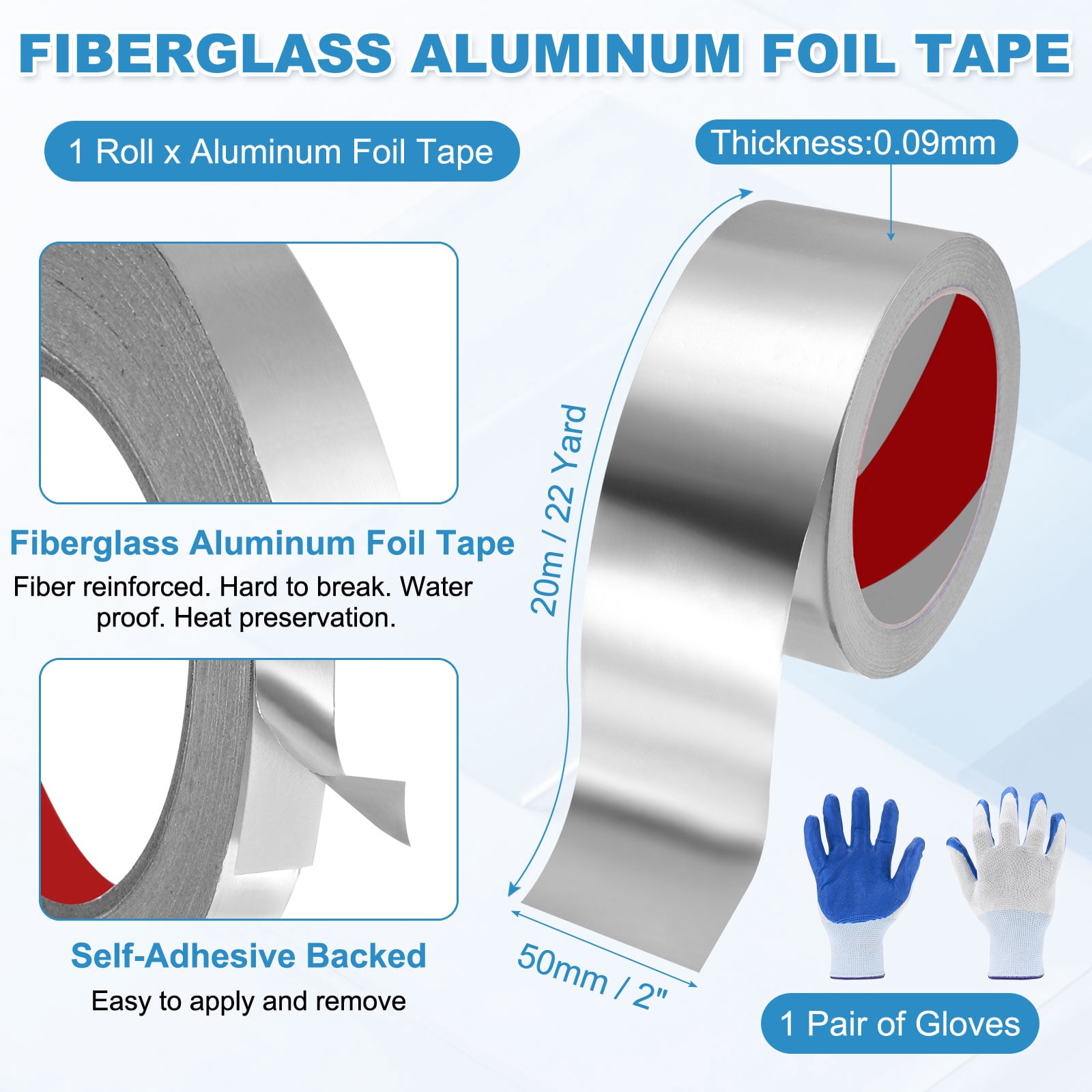 Uxcell 1 Pack Aluminum Foil Tape, 66 Ft x2inx3.5mil Heavy Duty HVAC Tape Metal Duct Tapes Heat Resistant Tape Insulation Tapes with Gloves for Air Ductwork, Dryer Vent, HVAC Sealing