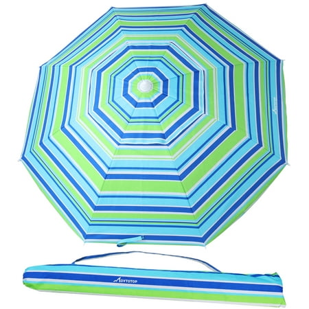 MOVTOTOP 6.5 Feet Striped Beach Umbrella UV Protection with Tilt and Telescoping Pole Adjustable Sand Umbrella with Sand Anchor and Carry Bag (Blue and