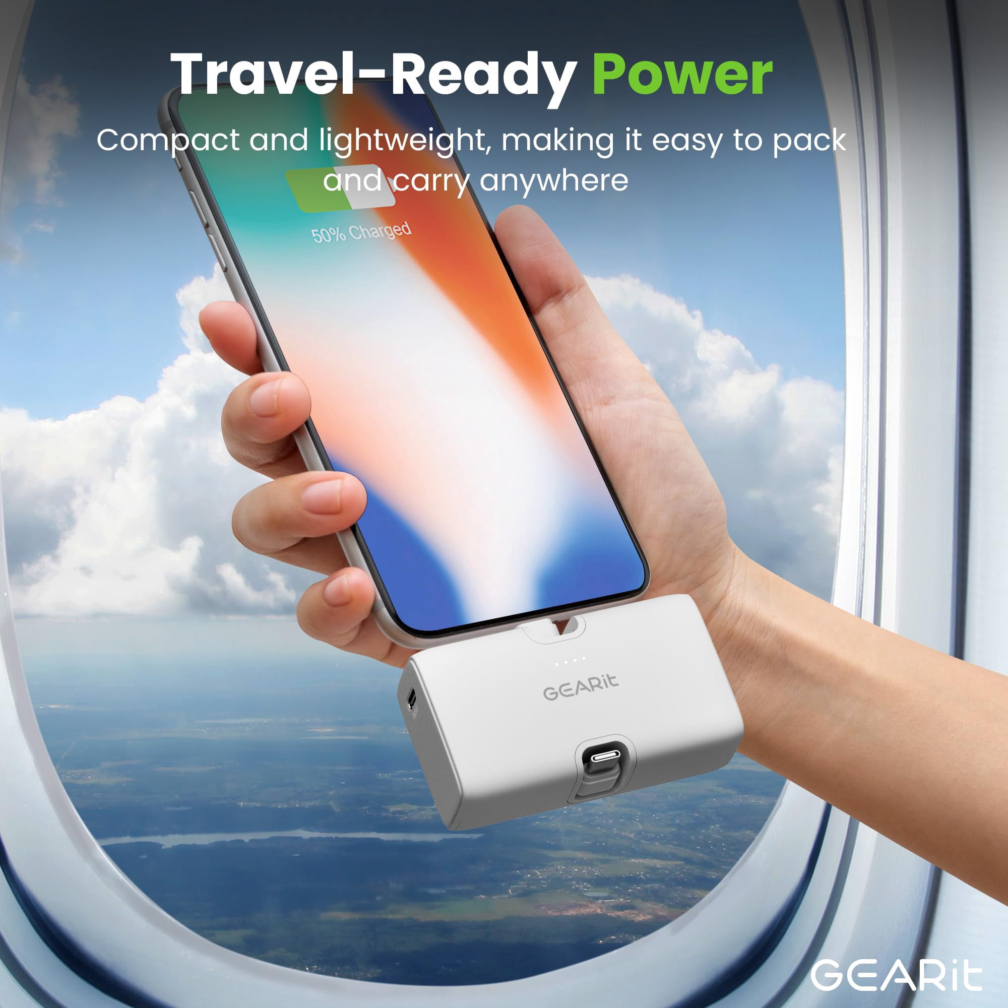 GEARit 5000mah Power Bank - Dual Output, Mini Battery Pack with Integrated USB-C and Lightning Connectors - Compact, Small Portable Charger Compatible - White