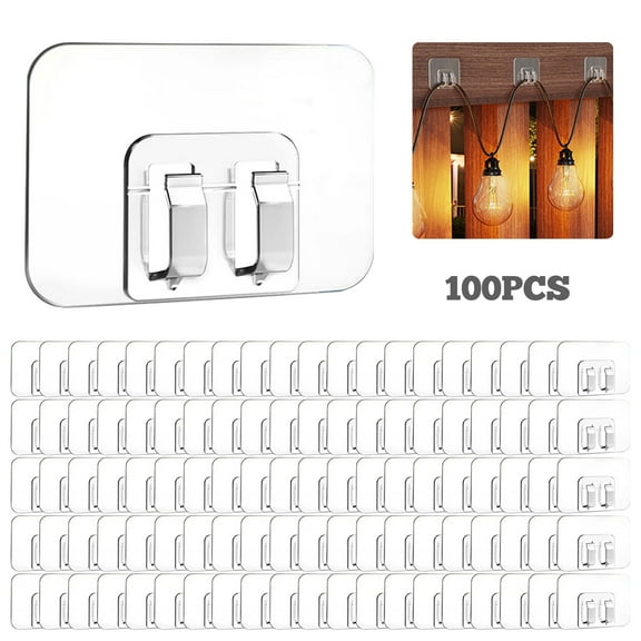 Hooks for Outdoor String Lights - 100 Pack with Adhesive Strips -Waterproof Rope Organizer - Perfect for Christmas and Patio Décor