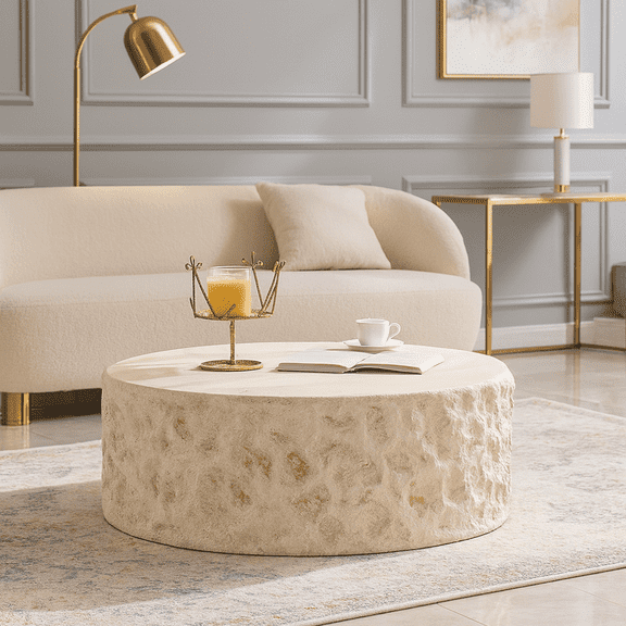 MgO Mid-Century Round Centre Coffee Table Vintage Faux Stone Sofa Pre-Modern Coffee Tables Beige Coffee Table for Living Room Office Apartment