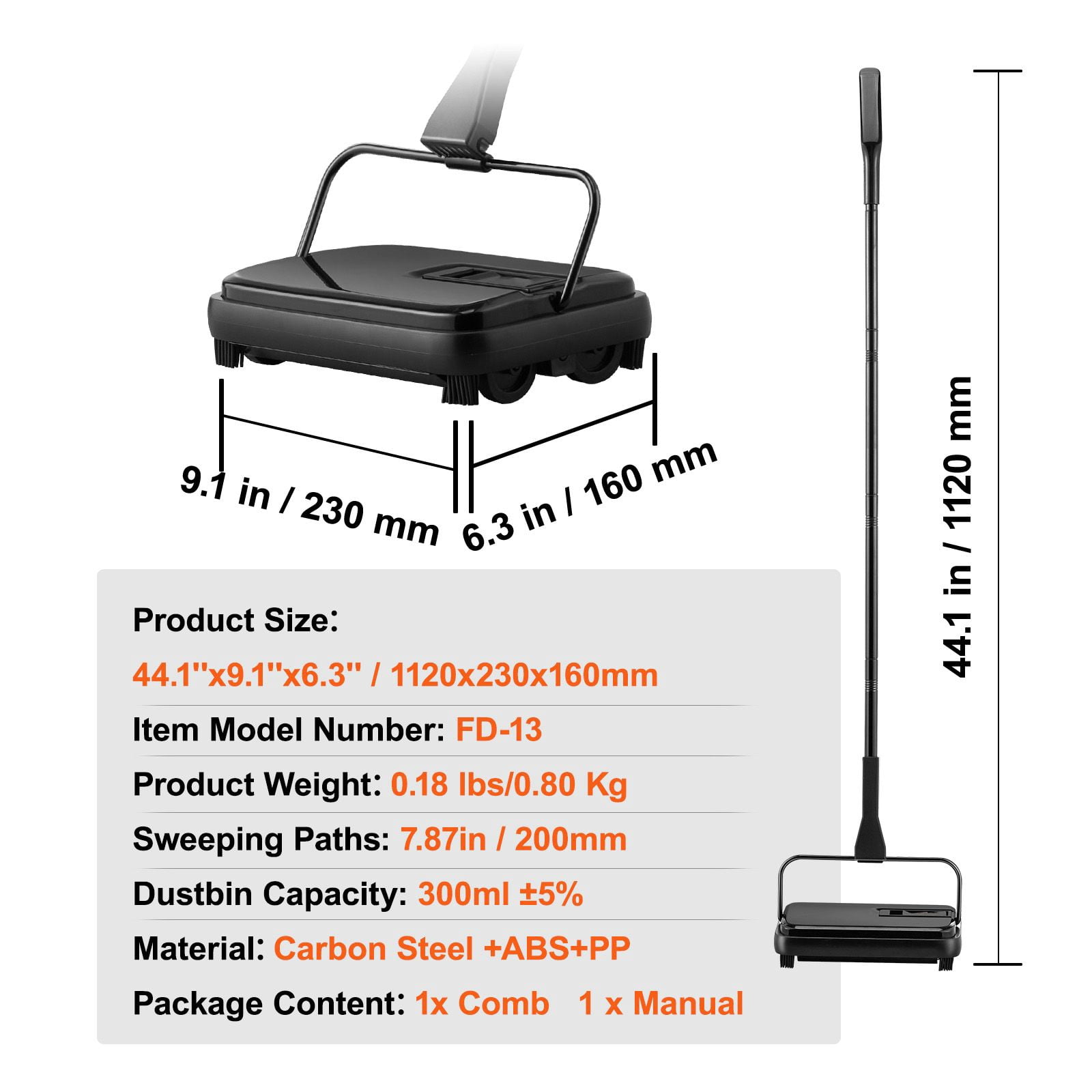 Manual Carpet Sweeper, No Electricity or Batteries, Roller Brush with 4-Wheel Design, 180° Rotating Head, Easy Empty Clasp, Lightweight for Hard Floors and Carpets