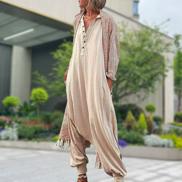 Monos Casuales Pantalones holgados para mujer Mamelucos con cuello en V Monos Traje diario (Beige XL) Cgtredaw Para estrenar