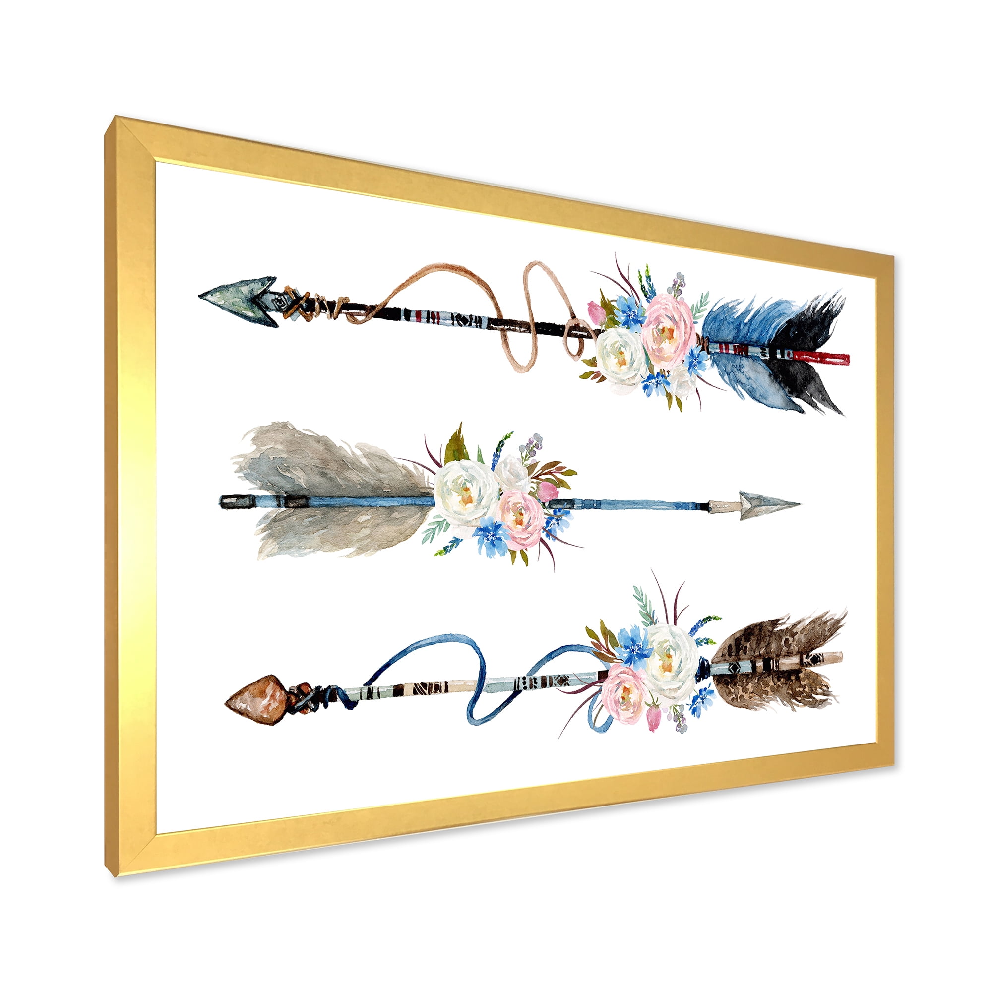 Designart 'Flowers and Ethnic Feathers On Native Arrows I' Bohemian & Eclectic Framed Art Print