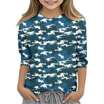 CLOISE Shirt Girls 3/4 Sleeve Boys Youth Crew Neck Tops Camouflage Outfits Fall Winter Clothes Blue 3-12T