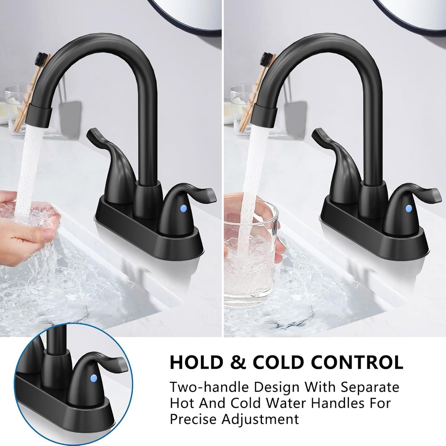 Matte Black Bathroom Sink Faucet, 2 Handle Bathroom Faucet 4 Inch Centerset Bathroom Faucet 3 Hole with Pop-up Drain and Supply Lines, Stainless Steel 360 Swivel Spout, Lead-Free