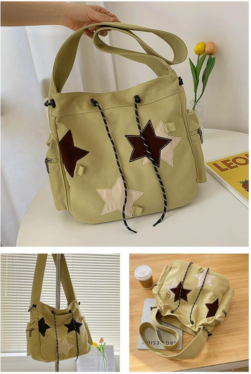 Y2K Star Canvas Messenger Bag, Cute Tote Bags Aesthetic, Small Shoulder Travel Crossbody Bags For Women