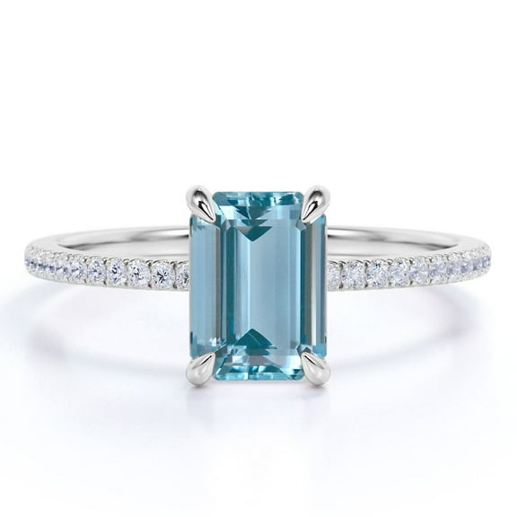 JeenMata Four Prong 1.25 Carat Emerald Cut Created Aquamarine and Moissanite Engagement Ring in 18k White Gold over Silver