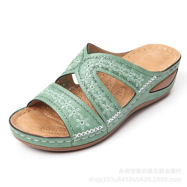 Sandalias de mujer con cuña y boca de pez, suela gruesa, zapatos de talla grande, sandalias bordadas multicolor para mujer