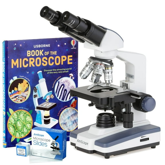 AmScope 2500X LED Lab Binocular Compound Microscope w 3D-Stage, Book & Blank Slide Set New