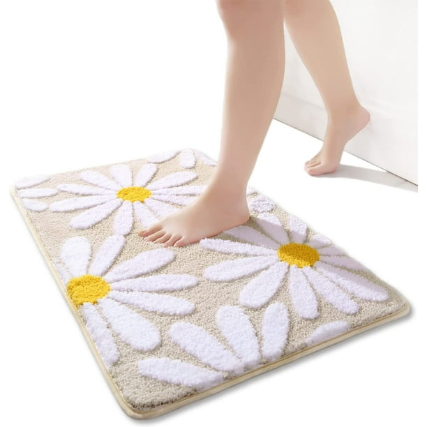Alfombra de baño de Flores Blancas y Beige (Color Caqui) - Alfombra de baño Antideslizante de 50 x 80 cm para baño Alfombra de baño súper absorbente Duradera Lavable a máquina de Microfibra Suav