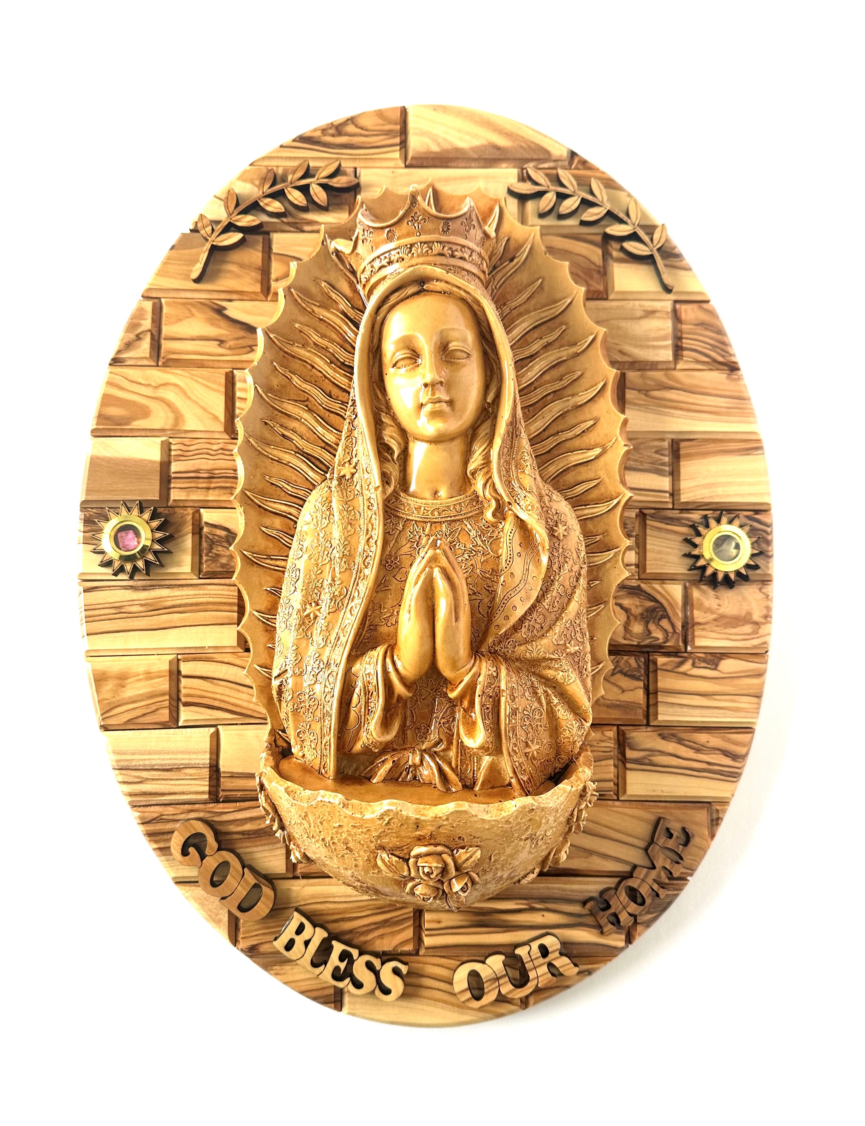 Virgin Mary Carved in Olive Wood Wall Hanging Plaque