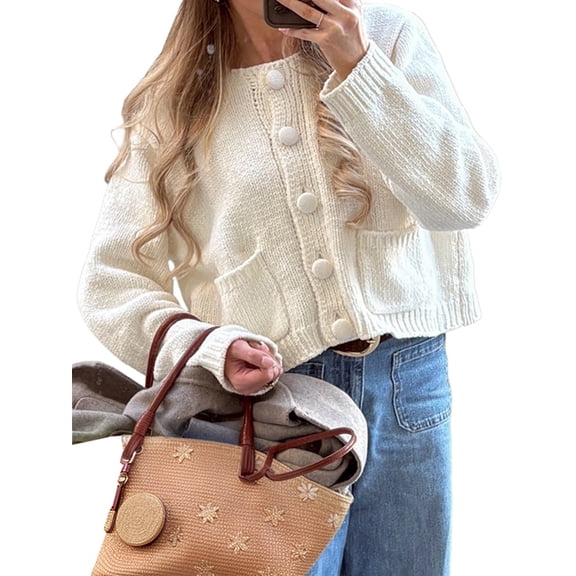Women Oversized Cardigan Button Up Long Lantern Sleeve Chunky Knit Casual Soft Fall Sweater Coats Cream White XL