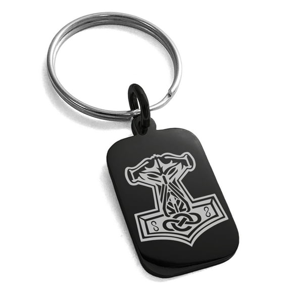 Stainless Steel Mjolnir Thor's Hammer Viking Norse Engraved Small Rectangle Dog Tag Charm Keychain Keyring
