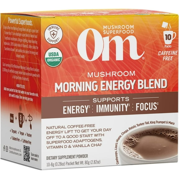 Om Mushroom Superfood Morning Energy Blend Mushroom Powder Drink, Single Serve, 10 Count