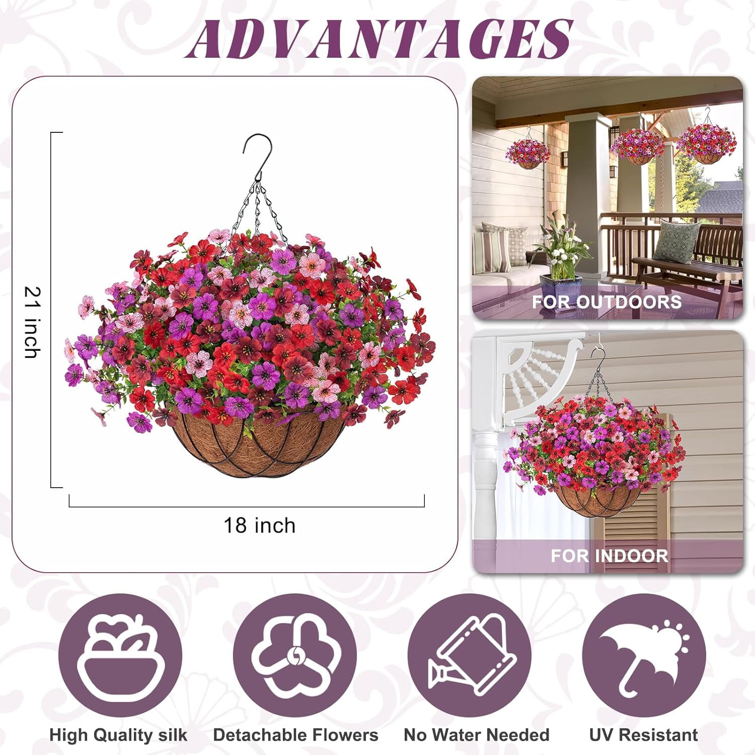 Artificial Fake Hanging Flowers Plants Baskets for Outdoor Spring Summer Decoration, Faux Silk Morning Glory in Planter UV Resistant Realistic for Home Outside Porch Patio Balcony Garden Yard