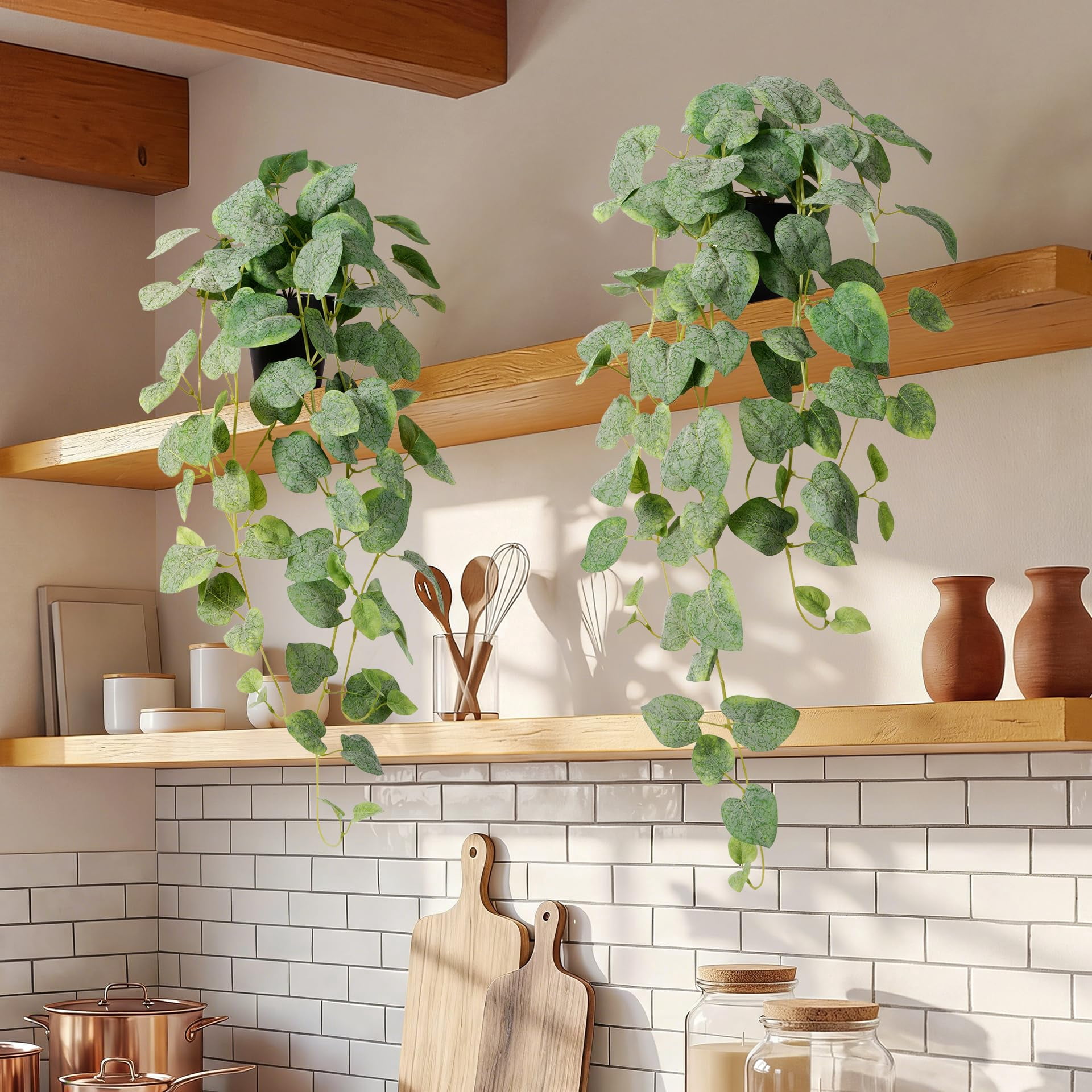 Fake Hanging Plants with Pots - Realistic Artificial Plant for Indoor Outdoor, 33In Silk Fake Potted Plants, 2PC Faux Ivy Vine for Shelf Tabletop Office Decor, Dark Green