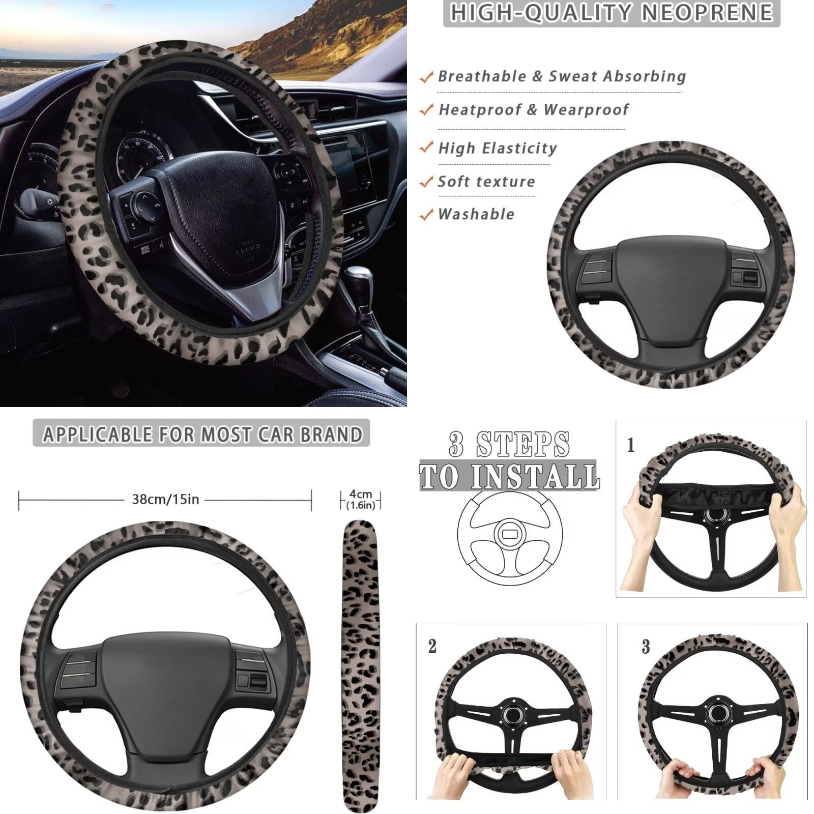 Garronmavis Grey Leopard Car Seat Covers Full Set with Steering Wheel Wrap Gear Shift Cover Handbrake Sleeve Headrest Protectors Cup Coaster Universal Fit for Most Auto Sedan Van Truck