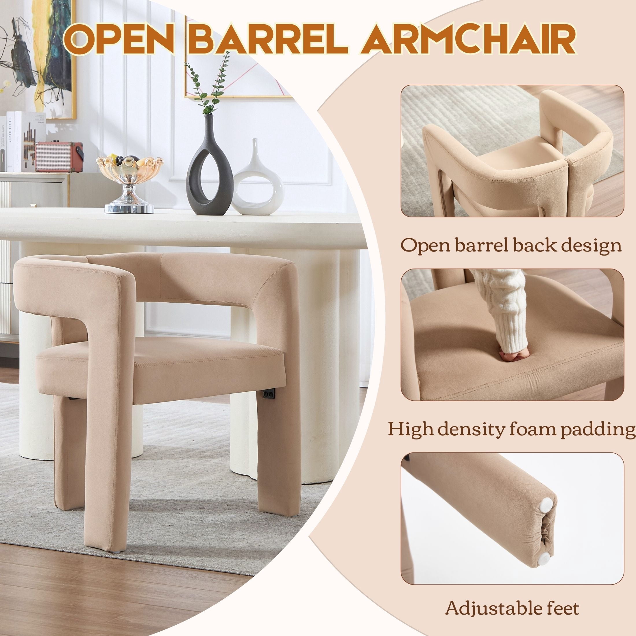 Guyou Modern Boucle Dining Chair Set of 2, Velvet Upholstered Barrel Chair, Comfy Armchair with Open Backrest, Vanity Side Chair Accent Chair for Living Room Bedroom Dining Room, Khaki