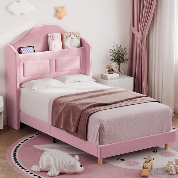 Twin Bed Frame for Kids, Upholstered Velvet Princess Platform Bed for Boys/Girls with Wingback, Storage Bookcase Headboard & LED Light, No Box Spring Needed, Noise-Free, Easy Assembly, Pink
