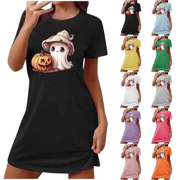 Aboser Women's Short Sleeve Nightgown Halloween Holiday Sleepdress Casual Crew Neck Sleep T Shirts Soft Comfy Loungewear Trendy Print Nightshirt