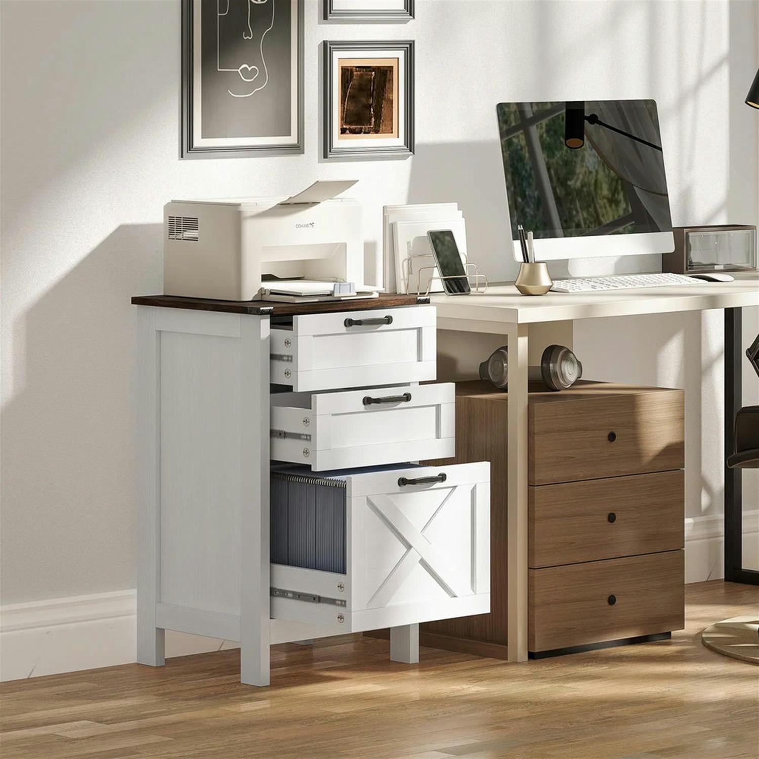 Demi Bonn Modern 3-Drawer Filing Cabinet for Letter, A4 and Legal Size, Home Office, Rustic Farmhouse Vertical File Cabinet, White