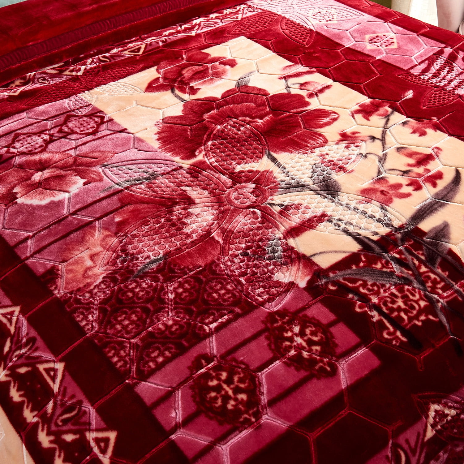 10lbs Heavy Thick A&B Pattern Blanket 2Ply Reversible - Thick Warm Plush Korean Style Bed Blanket, King Size Fleece Plush Blanket, Soft Winter Blanket For Adult 87" x 95", Burgundy Red Flower