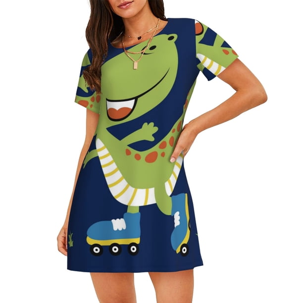 Disketp Dino Playing Roller Skate para Camisón Corto de Manga Corta para Mujeres, Camisón Cómodo con Escote Redondo, Bonito y Confortable