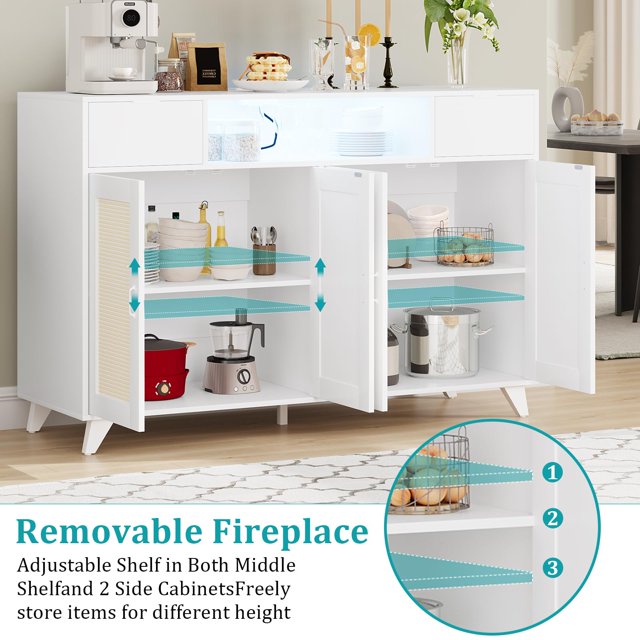 EDTara Sideboard Buffet Cabinet with Storage,47 Inch Rattan Sideboard Buffet Cabinet,4 Doors, 2 Drawers with LED Lights & Power Outlet