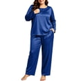 thumbnail image 2 of Women Plus Size Satin Pajama Set Sevevn Long Sleeve Crew Neck Top Wide Leg Pants Soft Sleep Loungewear For Daily Home Use, 2 of 9