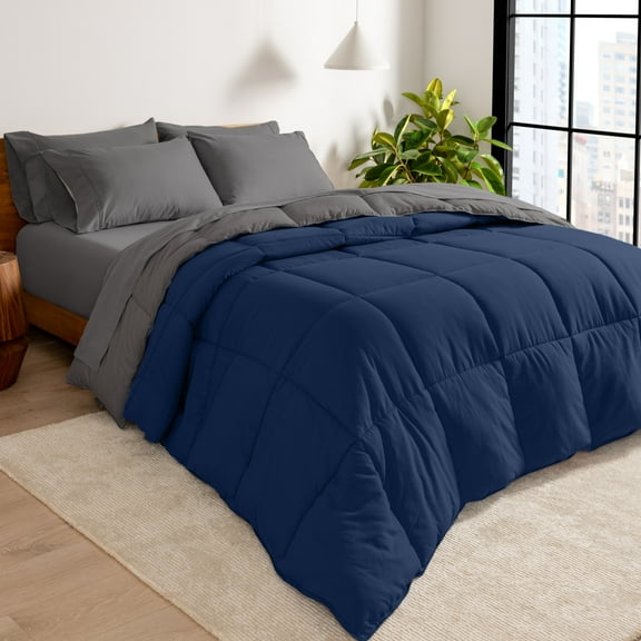 Bare Home 5-Piece Reversible Bed-in-a-Bag - Premium 1800 Collection - Queen, Dark Blue/Gray Comforter with Gray Sheet Set