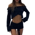 thumbnail image 1 of Gupgi 2Pcs Women Knit Outfits, Solid Color'Stripe Off Shoulder Crop Tops + Elastic Waist Shorts Set, 1 of 7