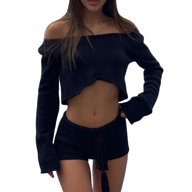 VISgogo, conjunto de 2 piezas de punto a la moda para mujer, Tops cortos con hombros descubiertos de Color sólido/rayas + conjunto de pantalones cortos con cintura elástica para mujer, S/M/L VISgogo moda