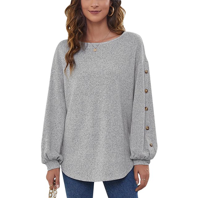Camiseta de manga larga para mujer, color gris, con cuello redondo, corte holgado, muy suave, transpirable y agradable para la piel