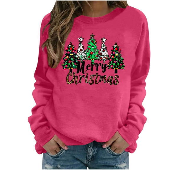 Lopecy-Sta Women's Christmas Tree Merry Christmas Print Crew Neck Sweatshirt, Polyester Drop Shoulder Long Sleeve Casual Pullover Pink M